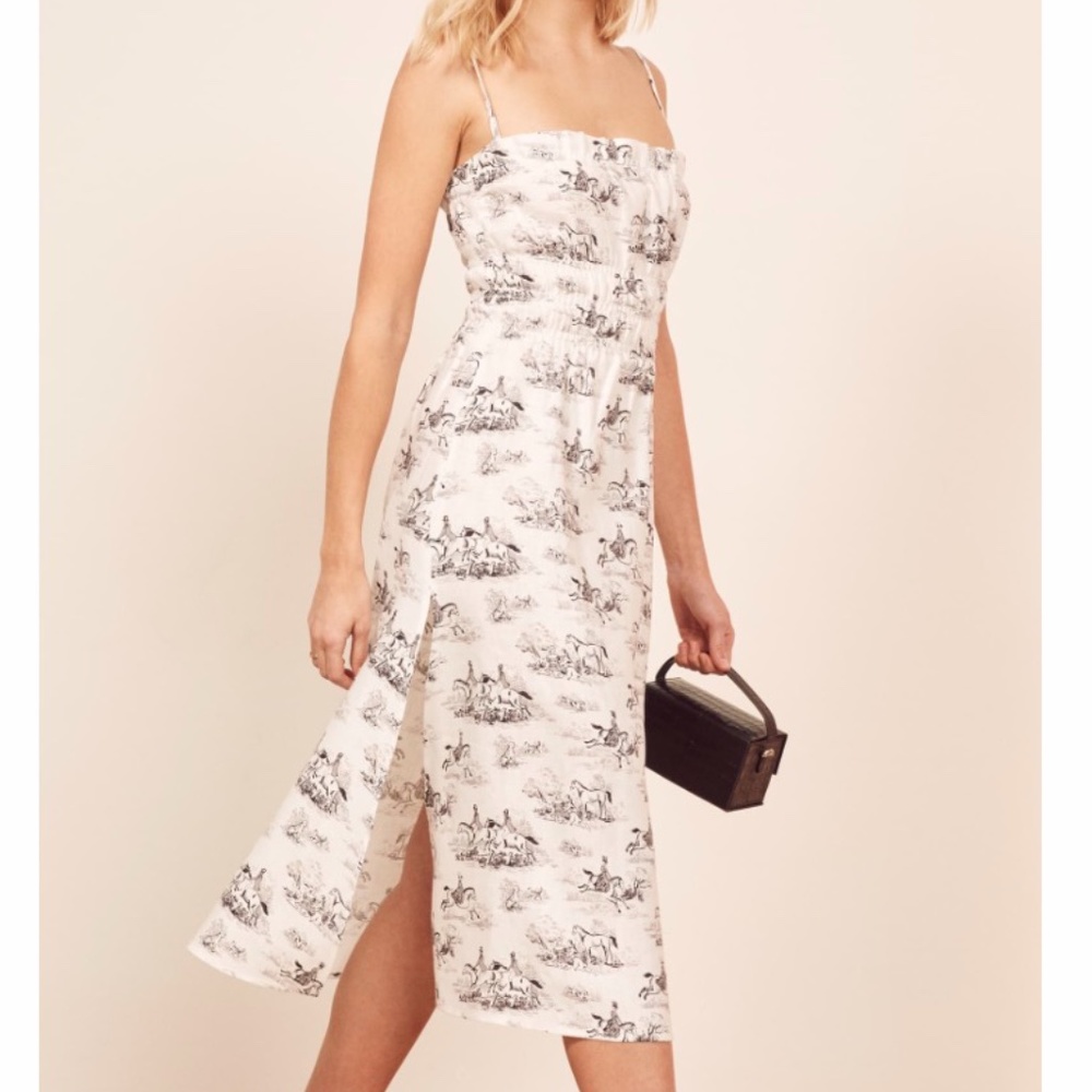 Reformation White Toile Midi Dress with Black Print